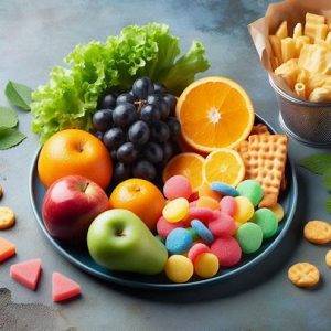 fruits and vegetables next to sugary snacks