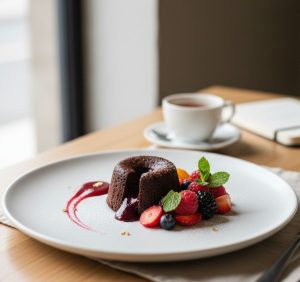 A small, elegantly plated dessert with fresh fruit on a clean plate, representing mindful and balanced enjoyment of sweets.