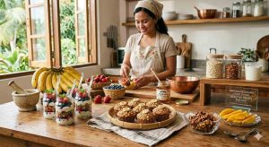 A healthy dessert table featuring fruit-based sweets such as berry parfaits, banana oat muffins, and honey-sweetened treats, arranged on a bright kitchen counter with fresh fruits and natural ingredients visible.