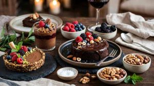 Elegant dark chocolate desserts paired with berries and nuts on a modern dessert table, gourmet healthy sweets presentation