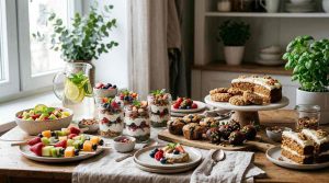 A beautifully styled low-sugar dessert table with fruit-based sweets, yogurt parfaits, healthy baked treats