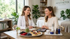 A wellness-inspired aesthetic medicine scene featuring healthy desserts, glowing skin, skincare products, and a modern medical spa consultation