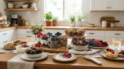 A beautifully arranged table featuring healthy desserts made with fresh berries, yogurt, dark chocolate, whole-grain muffins, and fruit parfaits