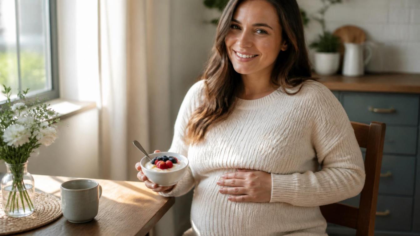 Smiling pregnant woman enjoys healthy berry yogurt snack in warm morning light.