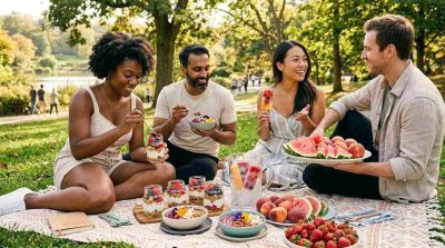A bright summer picnic featuring colorful fruit parfaits, berry smoothie bowls, frozen fruit pops, sliced watermelon, peaches, and strawberries, happy family outdoors