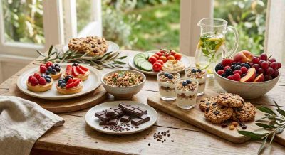 Beautiful realistic dessert table featuring small portions of fruit tart, dark chocolate, yogurt parfait, oatmeal cookies, and fresh fruit alongside nutritious foods, balanced indulgence concept